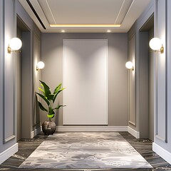 Modern hallway featuring a white frame mockup, stylish lighting, and a plush carpet.