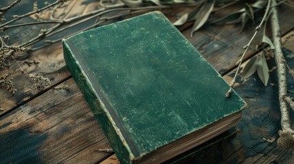 Book with green cover on wooden background and willow branches overhead shot Ample space to duplicate