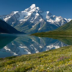 A majestic mountain range with snow-capped peaks, a crystal-clear lake reflecting the towering mountains, and a lush green valley with wildflowers in full bloom