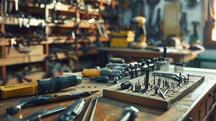 Fototapeta premium Building tool repair equipment displayed on a work surface