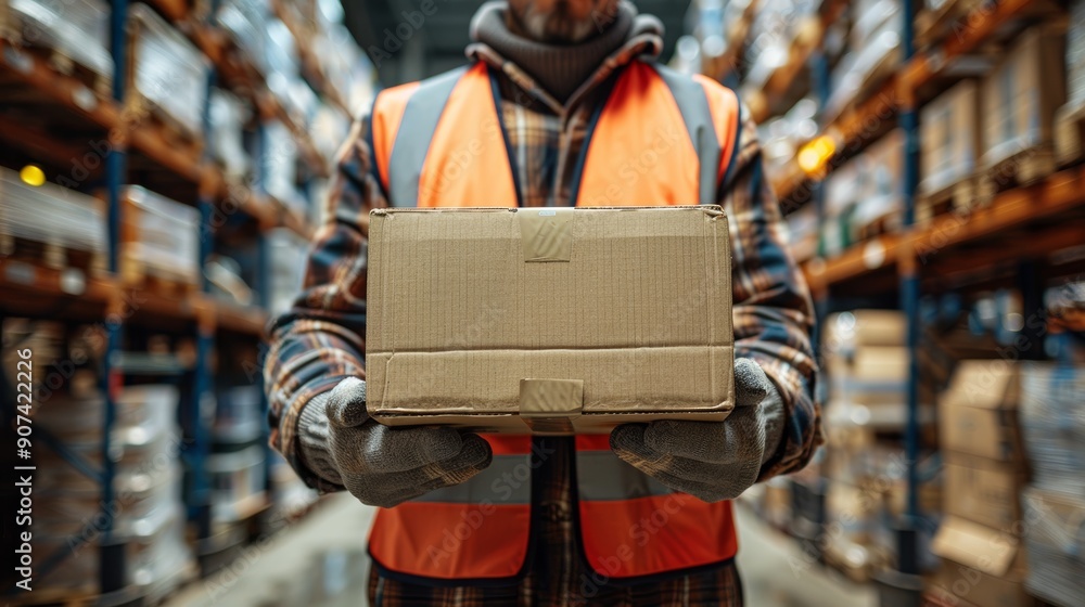 Poster warehouse worker holding a cardboard box in a busy storage environment. generative ai