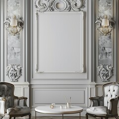 Elegant office showcasing a blank white frame and refined decor.