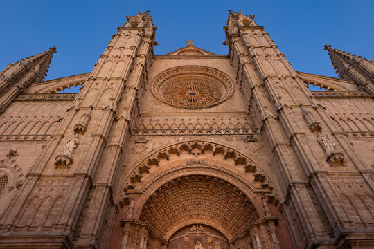 Image of an architectural structure which is in low angle, giving us a beautiful perspective of how immense it is, with the blue sky behind in Palma of Mallorca, Spain