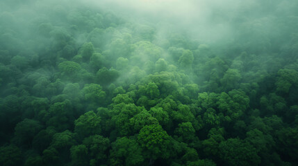 A forest with a thick canopy of trees and a foggy atmosphere