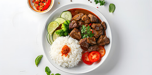 Flat lay of a plate of rendang, beautifully presented on a clean white background.