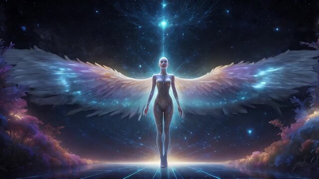 A celestial being with glowing wings stands on a reflective surface.