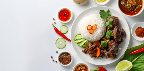 Flat lay of a plate of rendang, beautifully presented on a clean white background.