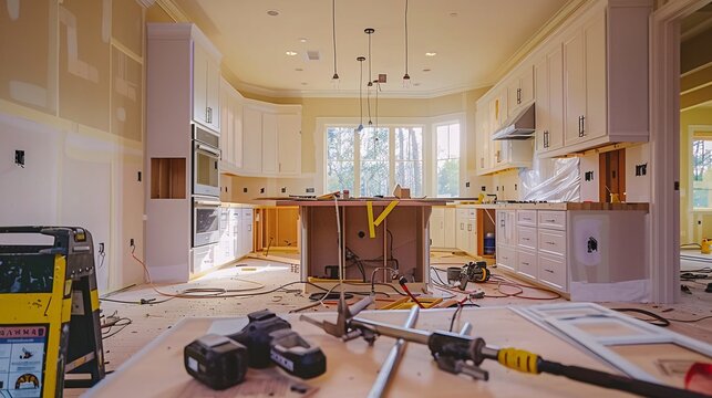 DIY and home renovation scene with tools spread out