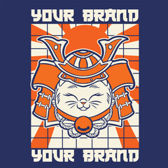 funny vector illustration of cat as a samurai , it can be use for shirt design or poster	