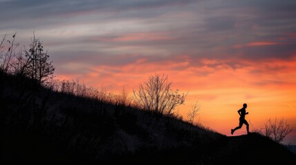 Serene Sunset Runner: Silhouette of a Person Jogging Down Trail in Twilight Glow