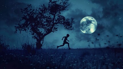 Midnight Escape: Silhouette of a Person Running through Moonlit Meadow at Night