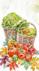A watercolor painting depicts a still life of two wicker baskets overflowing with fresh produce, including leafy greens, red peppers, and tomatoes. The baskets are surrounded by vibrant fall leaves, a