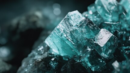 Close up shot detailed aquamarine crystal mineral stone. shiny surface of precious stone mineral crystals in the natural environment