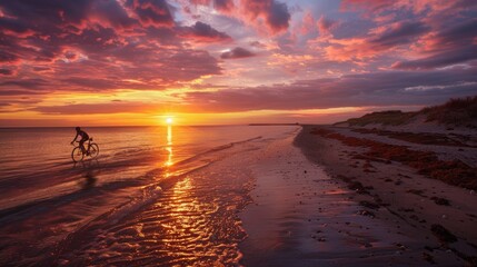 Fototapeta premium A peaceful sunset over a beach with a lone cyclist riding along the shore