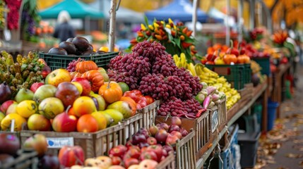 A vibrant display of fresh produce is arranged in wooden crates at an outdoor market. The stand features a variety of fruits and vegetables, including red grapes, apples, pears, and pumpkins. The mark