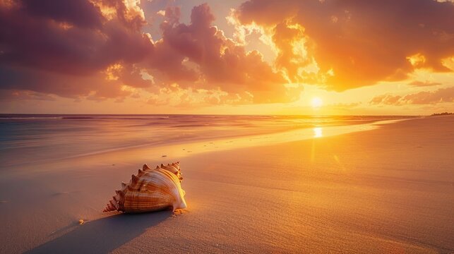 A quiet beach with a single conch shell resting on the sand