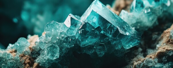 Close up shot detailed aquamarine crystal mineral stone. shiny surface of precious stone mineral crystals in the natural environment