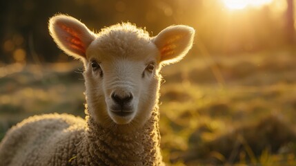 Fototapeta premium closeup fluffy lamb standing sunlit pasture looking curiously camera
