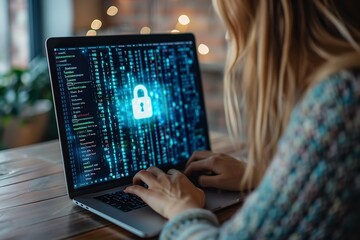 A woman with a laptop displays a privacy lock. Generative Ai