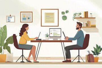Contemporary Business Colleagues Video Call Meeting - Minimalist Flat Illustration Style