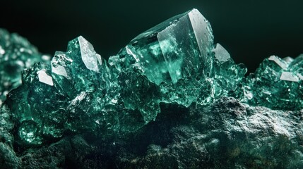 Obraz premium Close up shot detailed aquamarine crystal mineral stone. shiny surface of precious stone mineral crystals in the natural environment