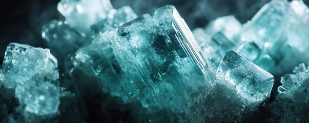 Close up shot detailed aquamarine crystal mineral stone. shiny surface of precious stone mineral crystals in the natural environment