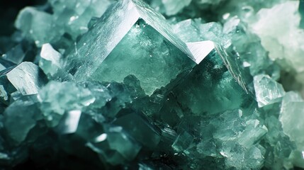 Close up shot detailed aquamarine crystal mineral stone. shiny surface of precious stone mineral crystals in the natural environment