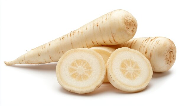 Multiple parsnip slices scattered artistically, emphasizing their freshness and detailed cross-sections. Isolated on a white backdrop