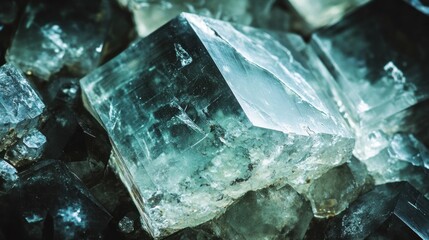 Close up shot detailed aquamarine crystal mineral stone. shiny surface of precious stone mineral crystals in the natural environment