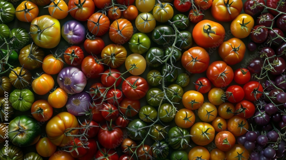 Poster a colorful array of tomatoes in various colors and sizes