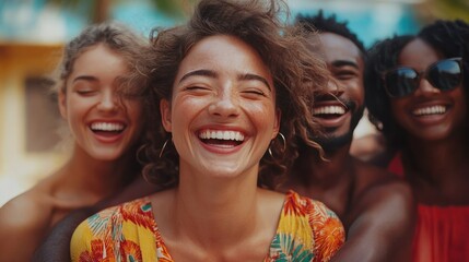 Fototapeta premium A joyful, diverse group of people hugging each other, their smiles and laughter highlighting the joy of togetherness and cultural diversity