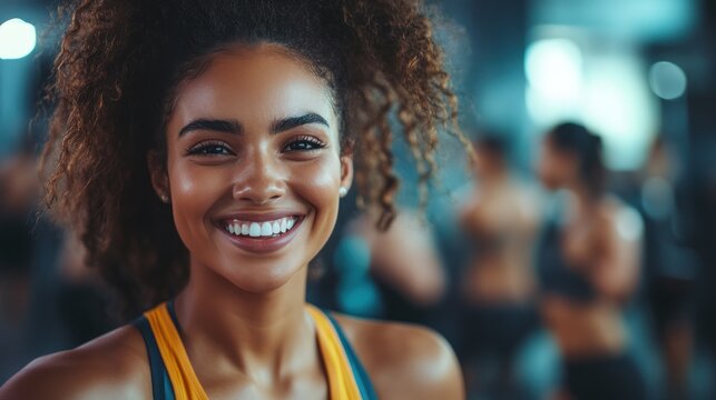 A group of friends laughing and exercising together in a modern gym, lifting weights and motivating each other with big smiles
