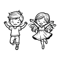 outline drawings of a happy boy and girl, Silhouette vector line art illustration design