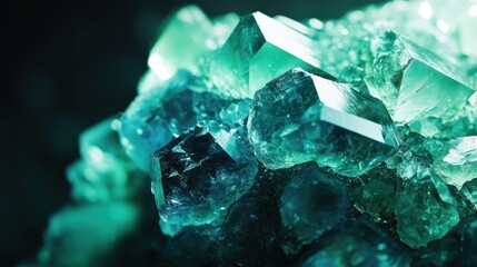 Close up shot detailed aquamarine crystal mineral stone. shiny surface of precious stone mineral crystals in the natural environment