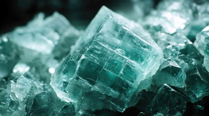 Close up shot detailed aquamarine crystal mineral stone. shiny surface of precious stone mineral crystals in the natural environment