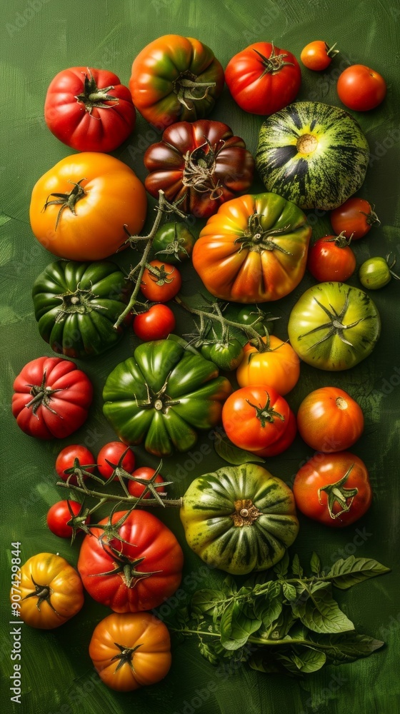 Poster a colorful assortment of tomatoes and squash on a green background