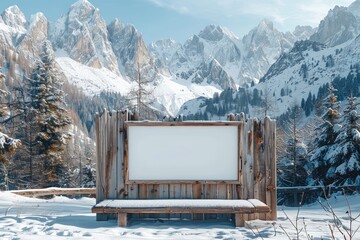Blank Sign in Snowy Mountain Landscape.