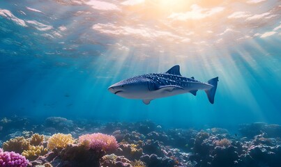 Whale Shark swimming over a tropical coral reef, Generative AI