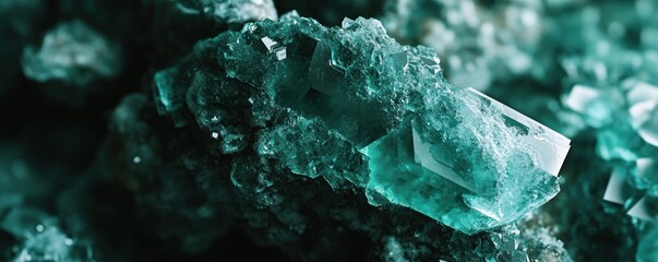 Close up shot detailed aquamarine crystal mineral stone. shiny surface of precious stone mineral crystals in the natural environment