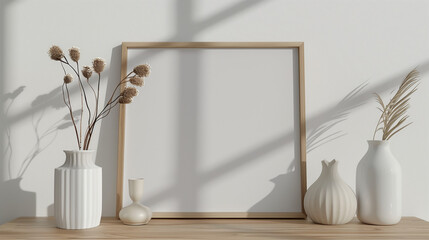 Mock up of poster frame with white blank in interior room