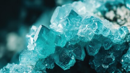 Obraz premium Close up shot detailed aquamarine crystal mineral stone. shiny surface of precious stone mineral crystals in the natural environment