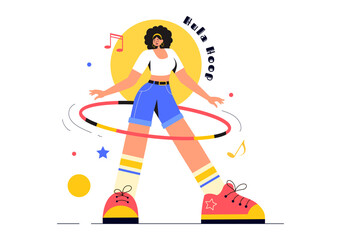 Hula Hoop Vector Illustration with People Exercising and Playing Hula Hoops, Engaged in Fitness Training Activities in a Flat Style Cartoon Background