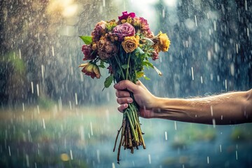 hand hold withered and wilted flower bunch in sad rain