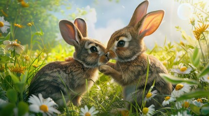Fototapeta premium pair rabbits playing together sunny meadow