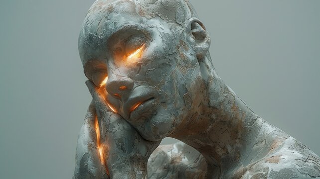 3D render of a glowing concrete figure in a thoughtful pose with hand on chin