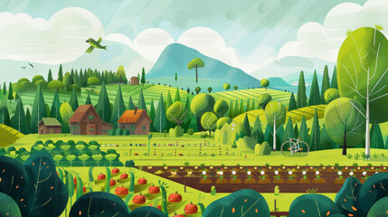 Regenerative agriculture: Illustration of sustainable farming practices, with methods like crop rotation, composting, and agroforestry promoting soil health and biodiversity. 