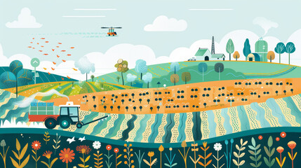 Regenerative agriculture: Illustration of sustainable farming practices, with methods like crop rotation, composting, and agroforestry promoting soil health and biodiversity. 