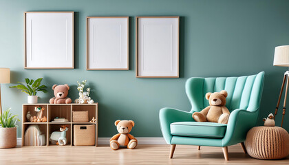  Stylish Scandinavian Kid Room with Toys and Mint Armchair- Description- Interior of a kid r_1(224)