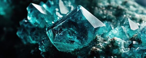 Close up shot detailed aquamarine crystal mineral stone. shiny surface of precious stone mineral crystals in the natural environment