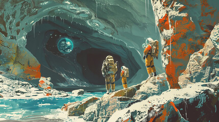 Astrobiology: Illustration of scientists studying extremophiles on Earth to understand the potential for life in harsh environments elsewhere in the universe. 